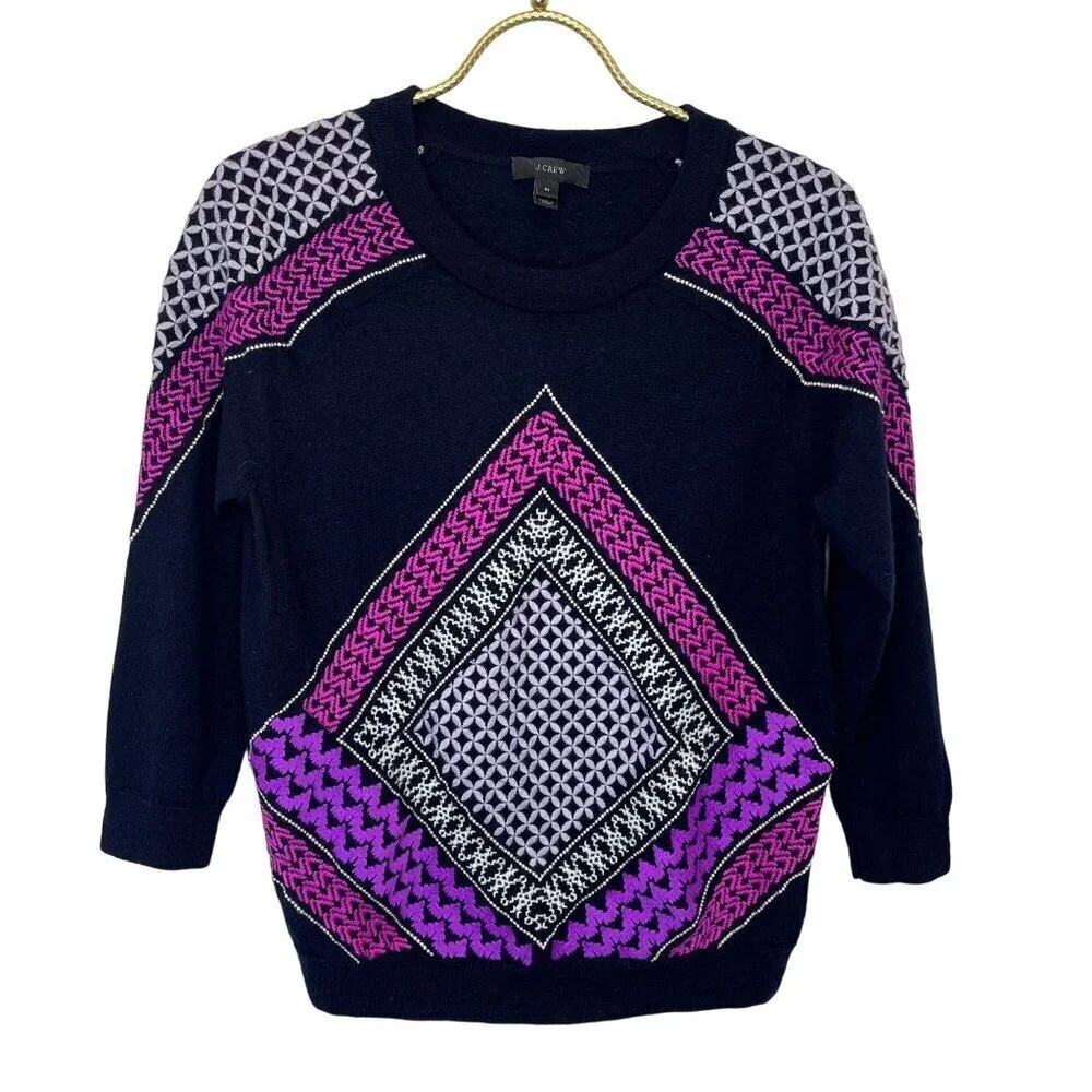 J. Crew Merino Wool Geometric Purple and Black Sweater Ladies SIze MED